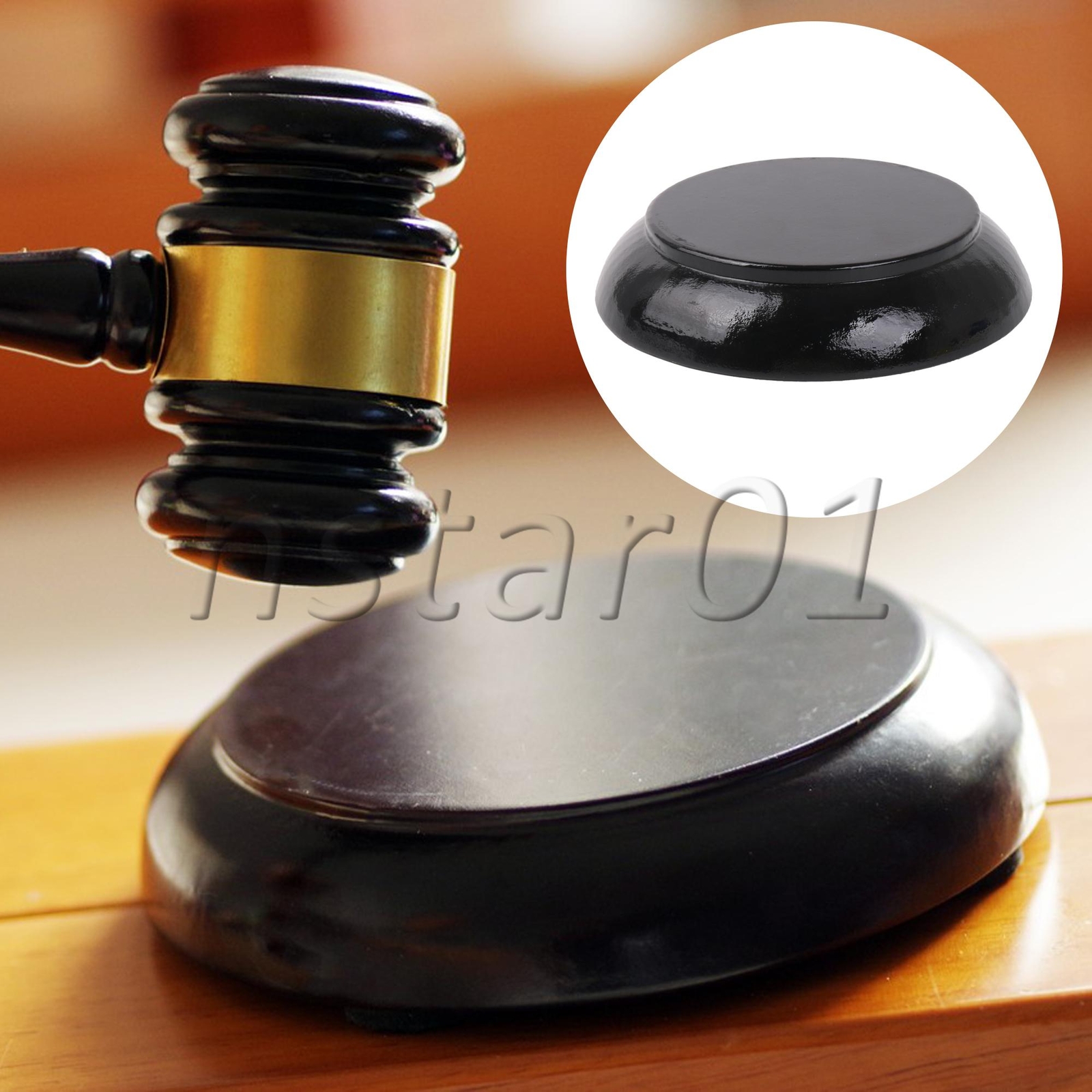Wooden Gavel Sound Block Round Base for Courtroom Lawyer 4.84 x 1.02 Inch Black