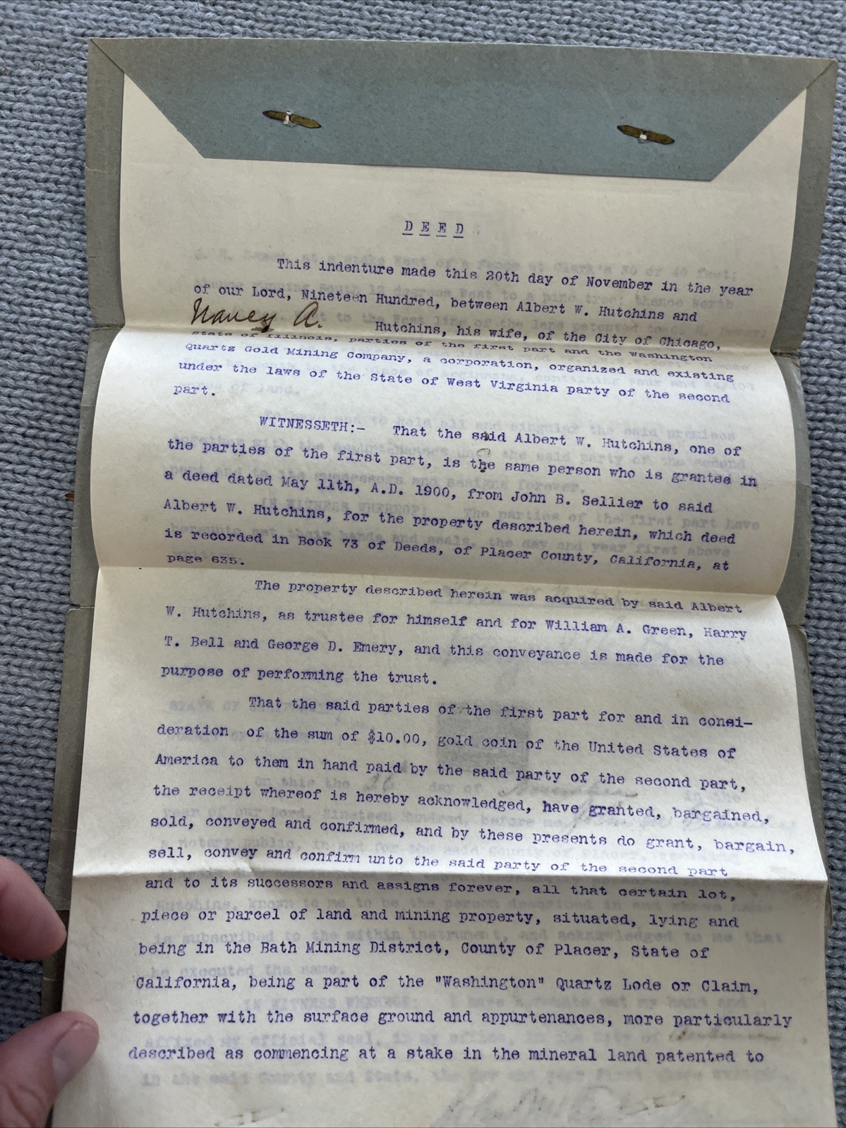 Vintage Gold Mine Deed 1900 Washington Quartz Gold Mining California