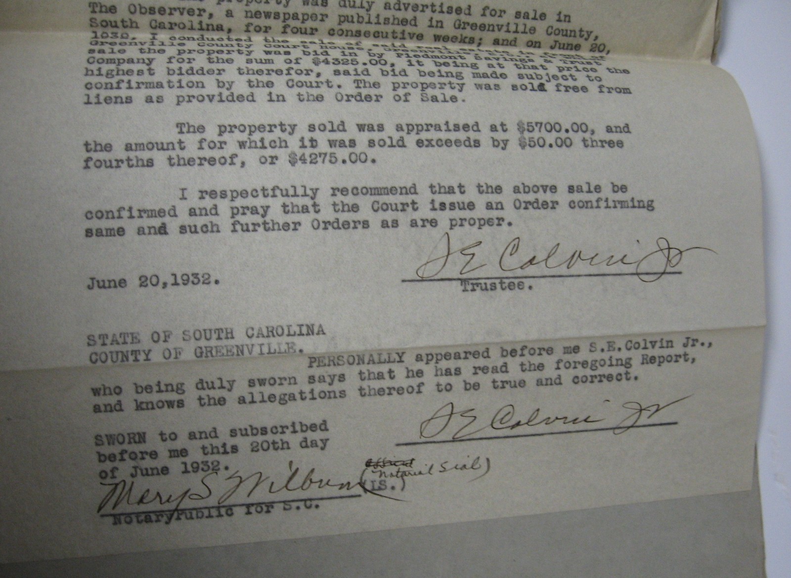 1932 Signed Bankruptcy Document Col. E. M. Blythe Attorney, Greenville, SC
