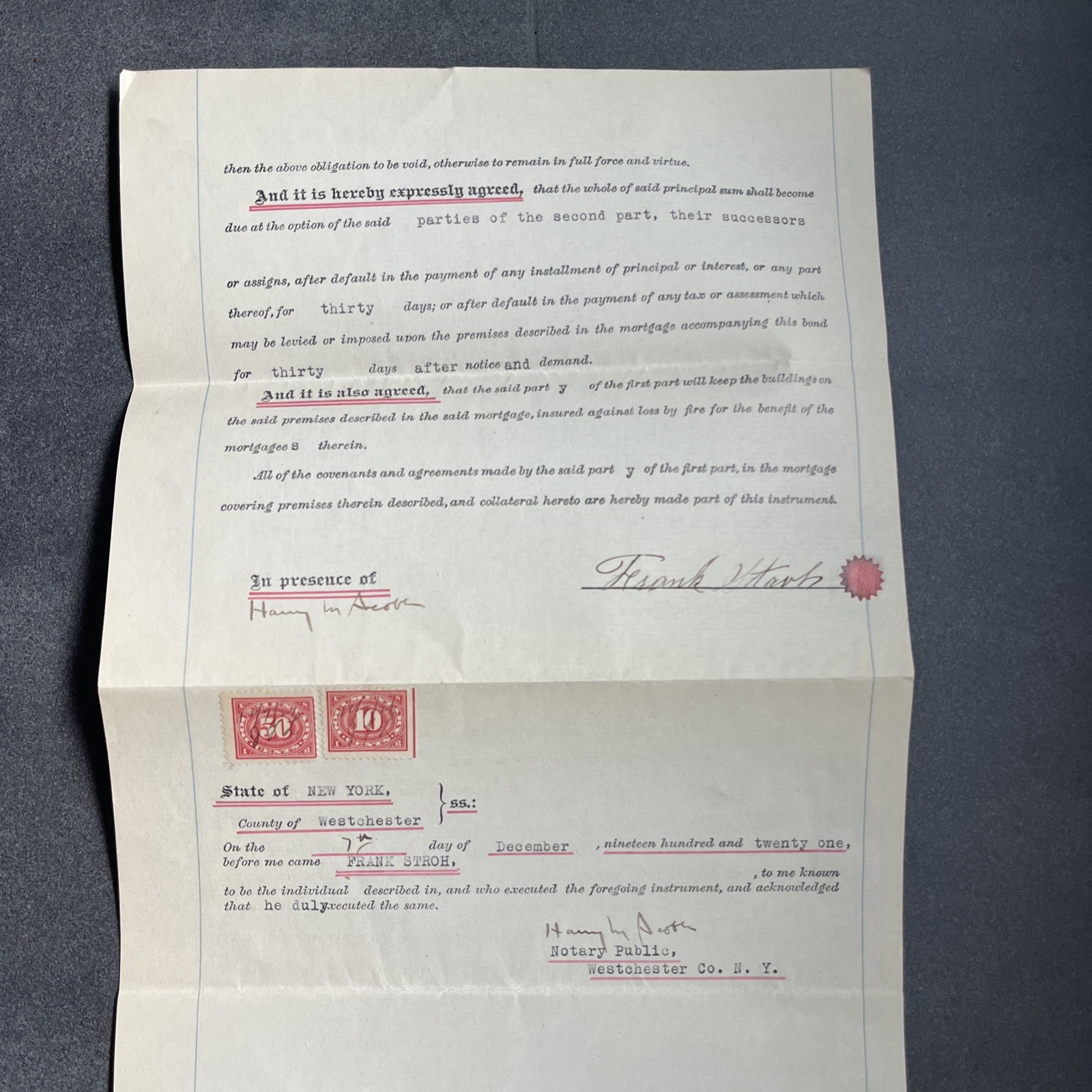 SIGNED STAMPED SEALED Legal BOND Document 1921 NEW ROCHELLE NY Armenian LAMBDEN