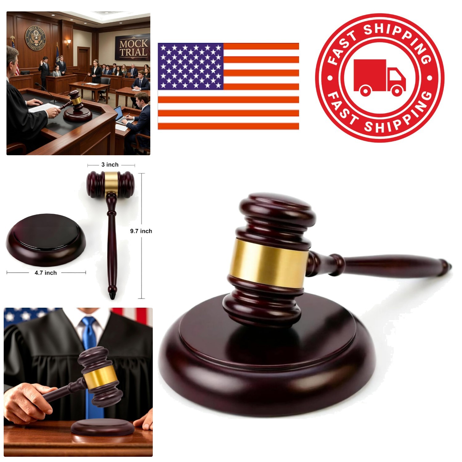 Solid Hardwood Gavel with Block 9.7 Inch Standard Size for Meetings and Trials