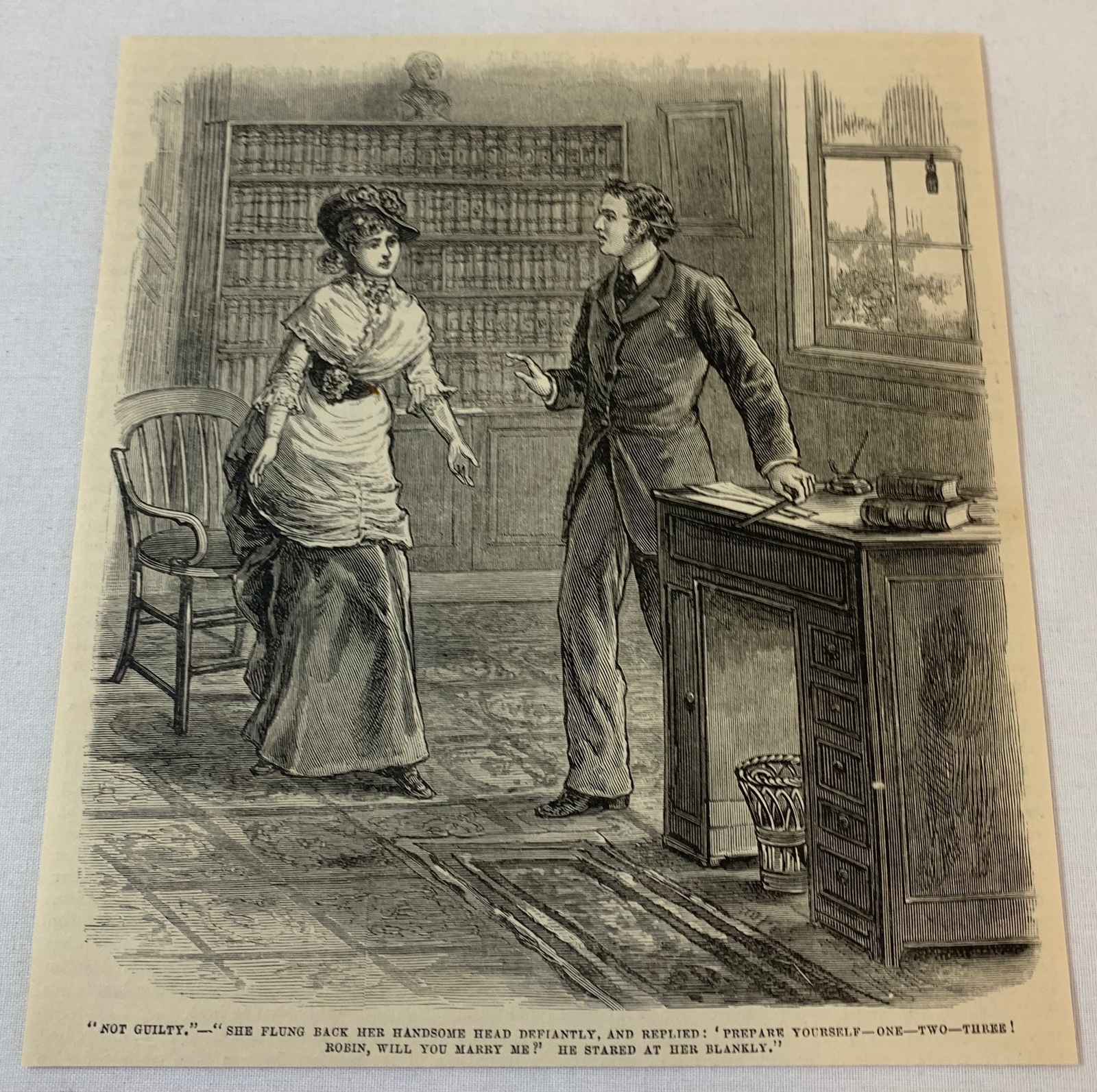 1880 magazine engraving ~ A WOMAN WANTS TO MARRY HER LAWYER