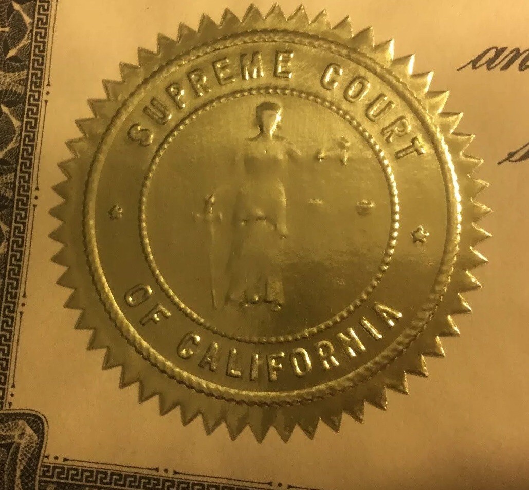 Vintage State Of California Supreme Court Certificate , Comes In Original Frame