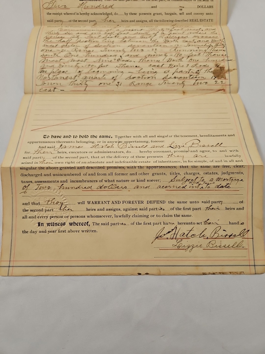Original antique 1906 McCune KS Crawford County WARRANTY DEED Signed Bissell