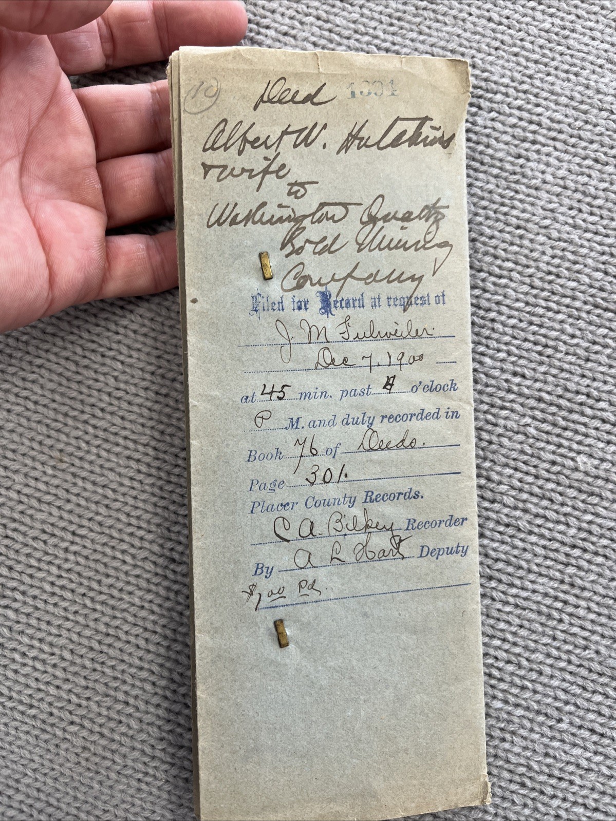 Vintage Gold Mine Deed 1900 Washington Quartz Gold Mining California