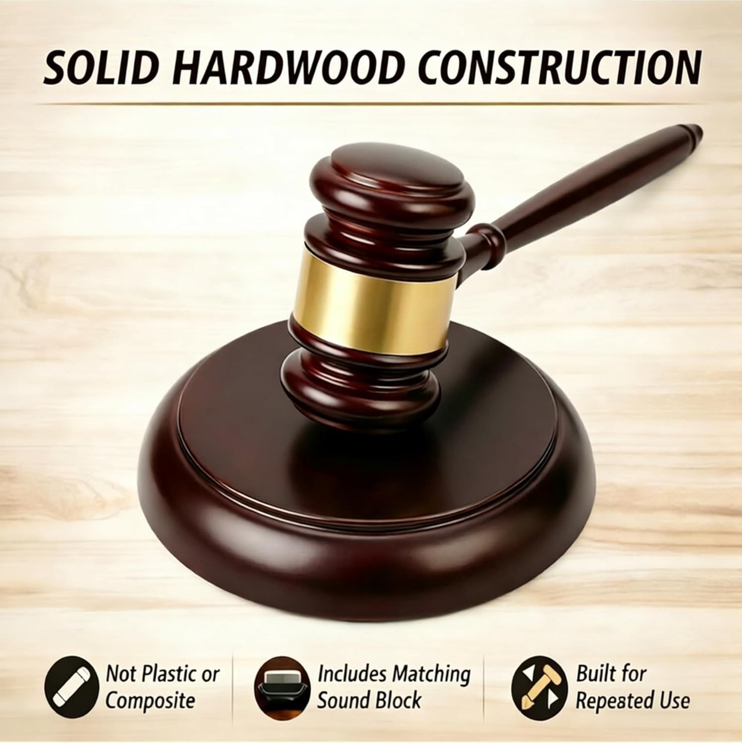 Durable Wooden Judge Gavel with Matching Sound Block Clear Strike for Ceremonies