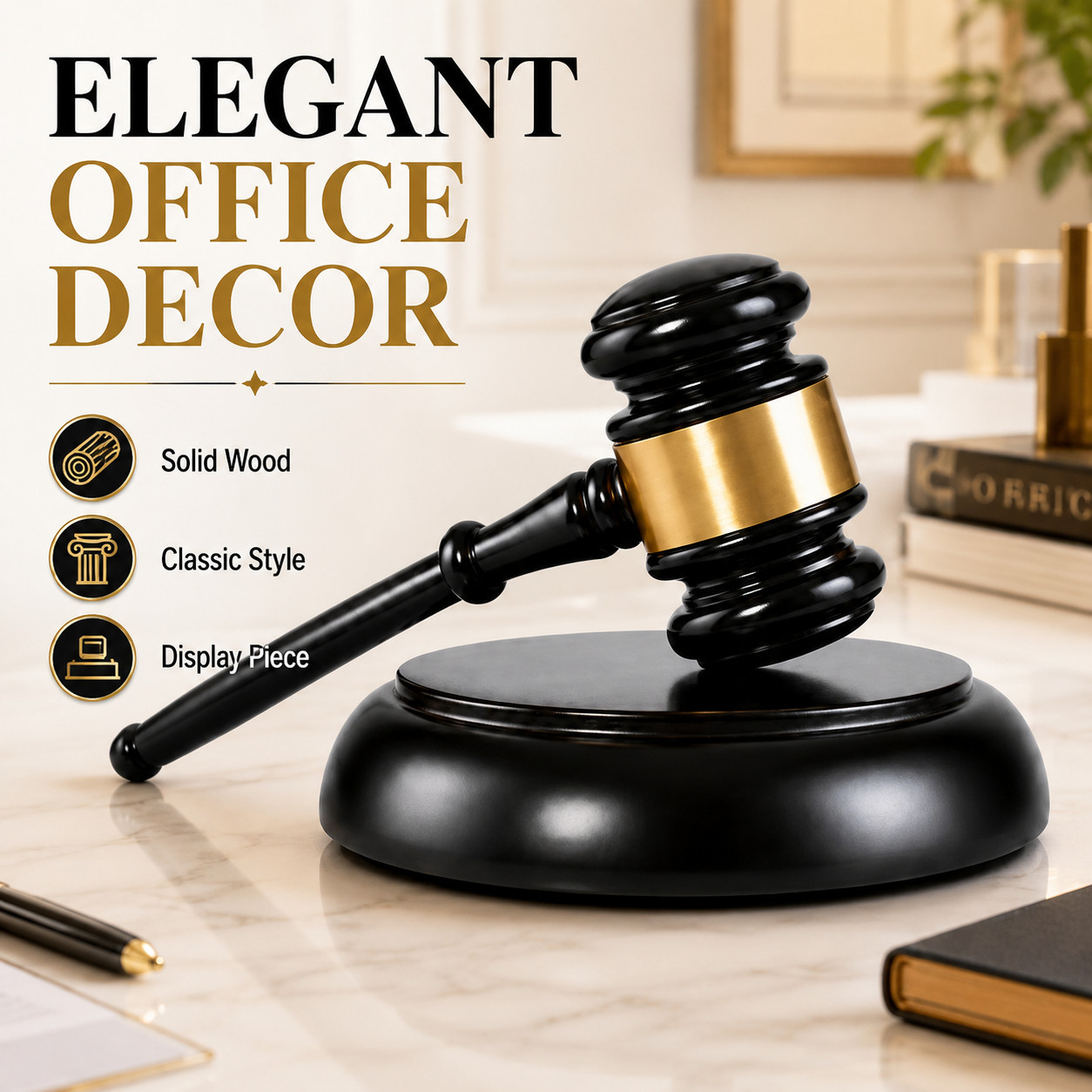 Wooden Judge Gavel Set Black Gold Band Round Base Office Auction Decor Gift New