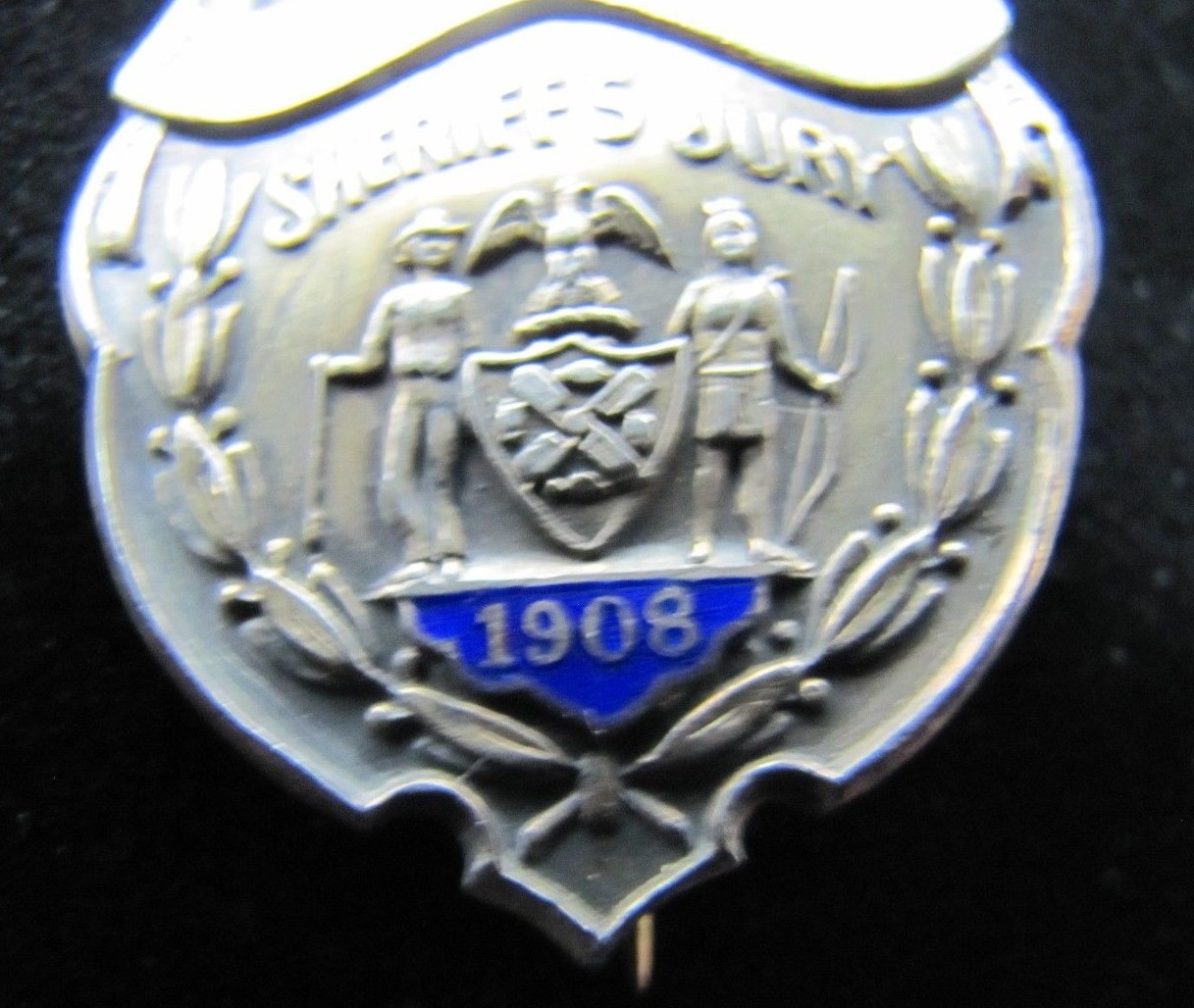 1908 SHERRIF’S JURY Sterling Silver White Blue Enamel Pinback Medallion Pin