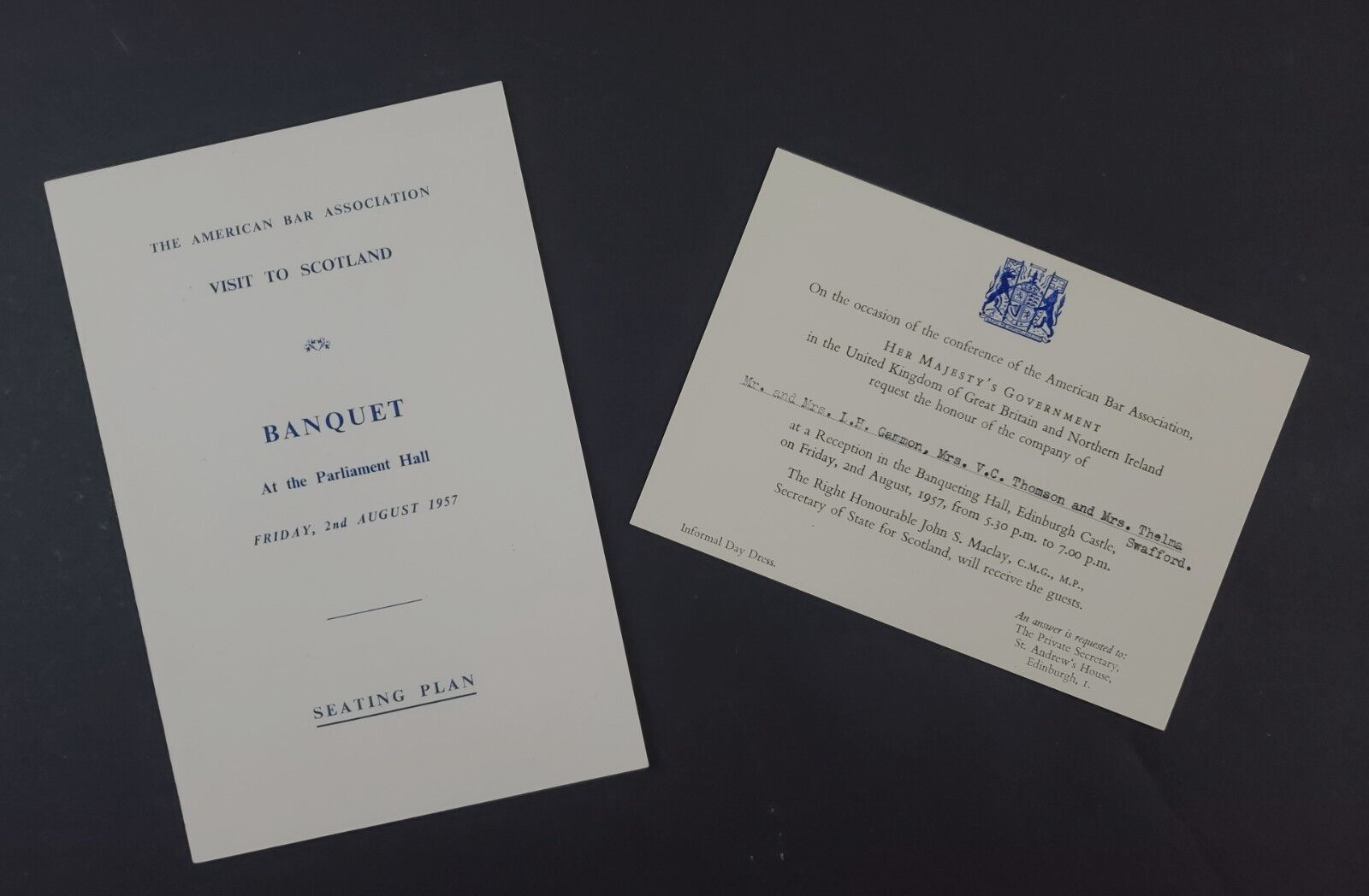 1957 American Bar Lawyer Convention ABA Banquet Edinburgh Scotland UK Seat Plan