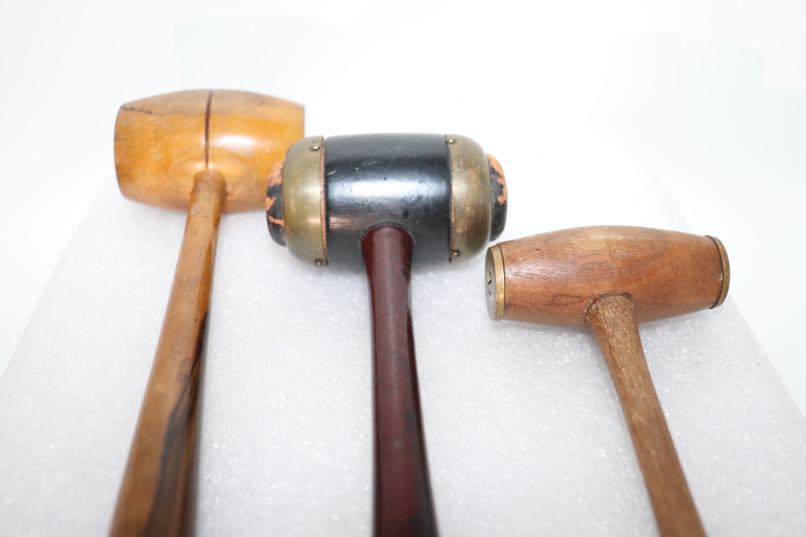Antique Auctioneers Turned Wood Gavel Lot of 3 Brass, Leather, Wood