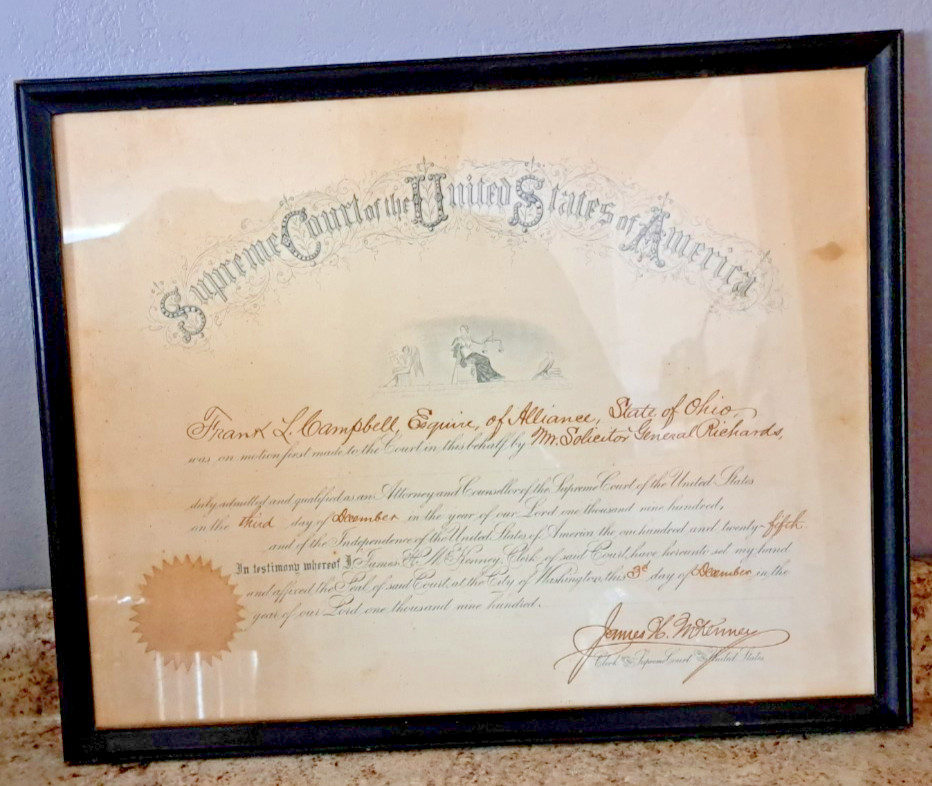 Frank L Campbell Antique 1900 Supreme Court ofthe United States Certificate Ohio