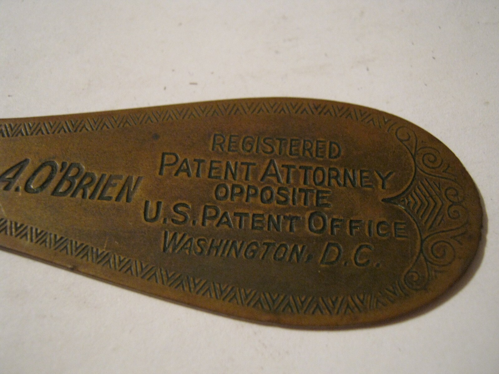 Bronze Letter Opener Clarence O’Brien, Patent Attorney Author, Active 1924-1943