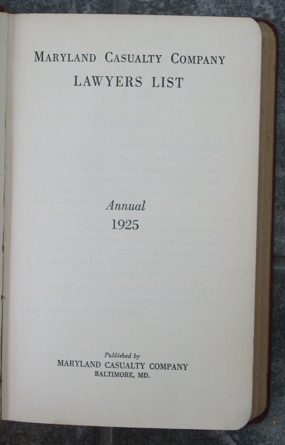 Maryland Casualty Company Lawyers List 1925 Annual-US & Canada Alpha by Town