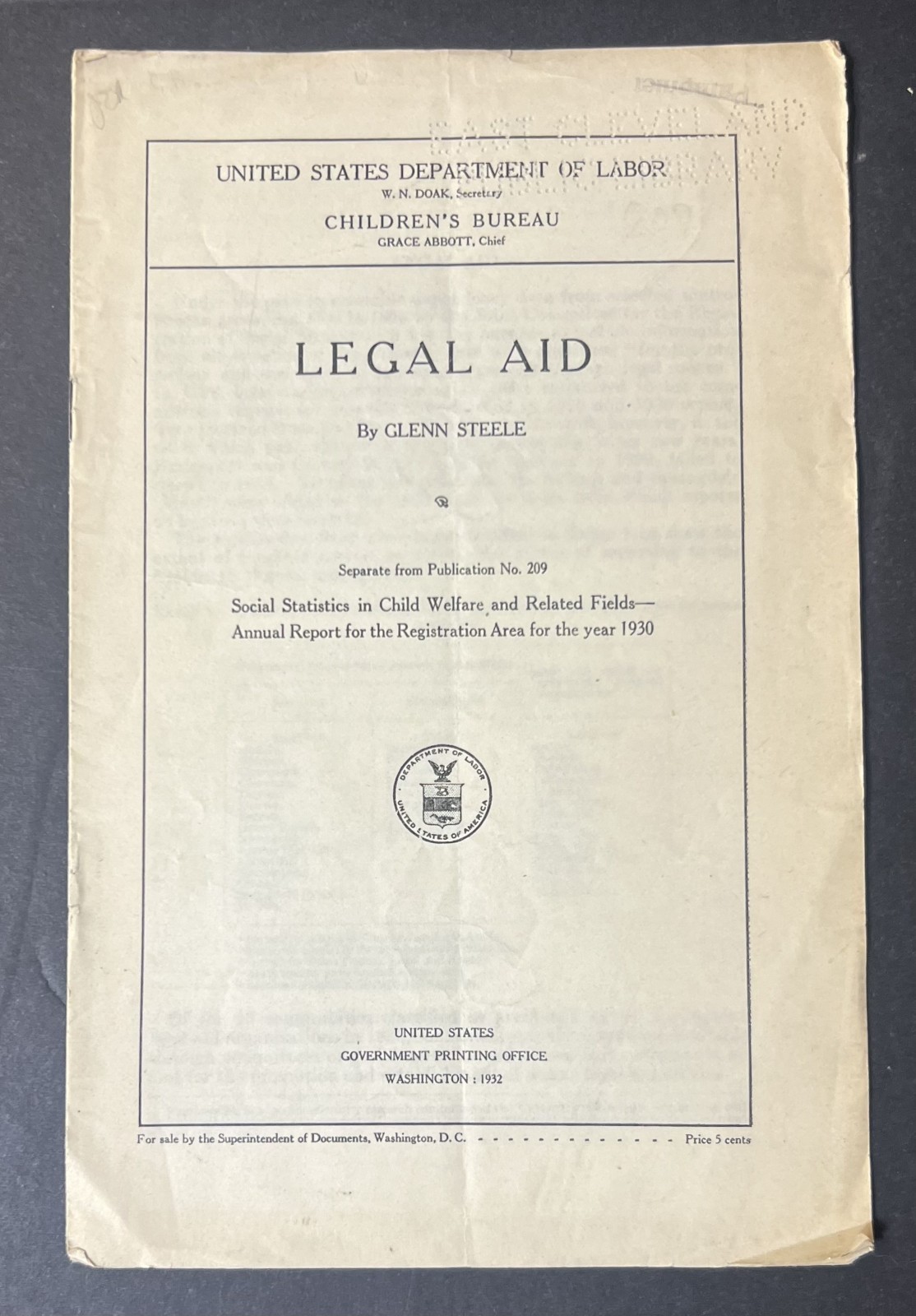 Legal Aid by Glenn Steele 1932 United Dept. of Labor Publication -East Cleveland