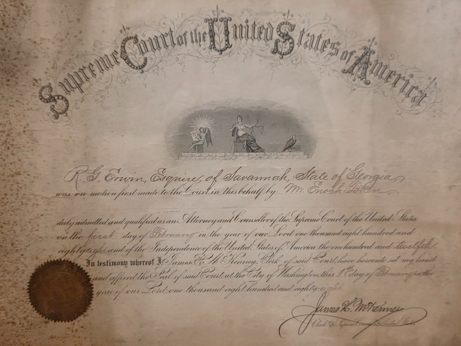 1888 U.S. Supreme Court Bar Admission Certificate – R.G. Erwin – Savannah, GA