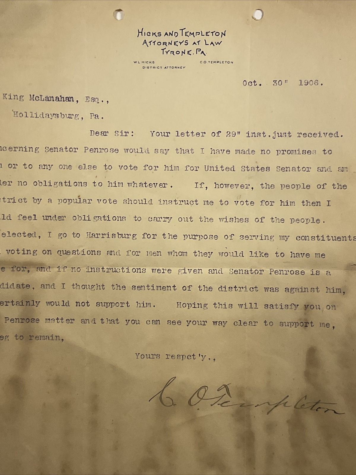1906 Tyrone, Pennsylvania Hicks & Templeton Attorneys Letter Letterhead Signed