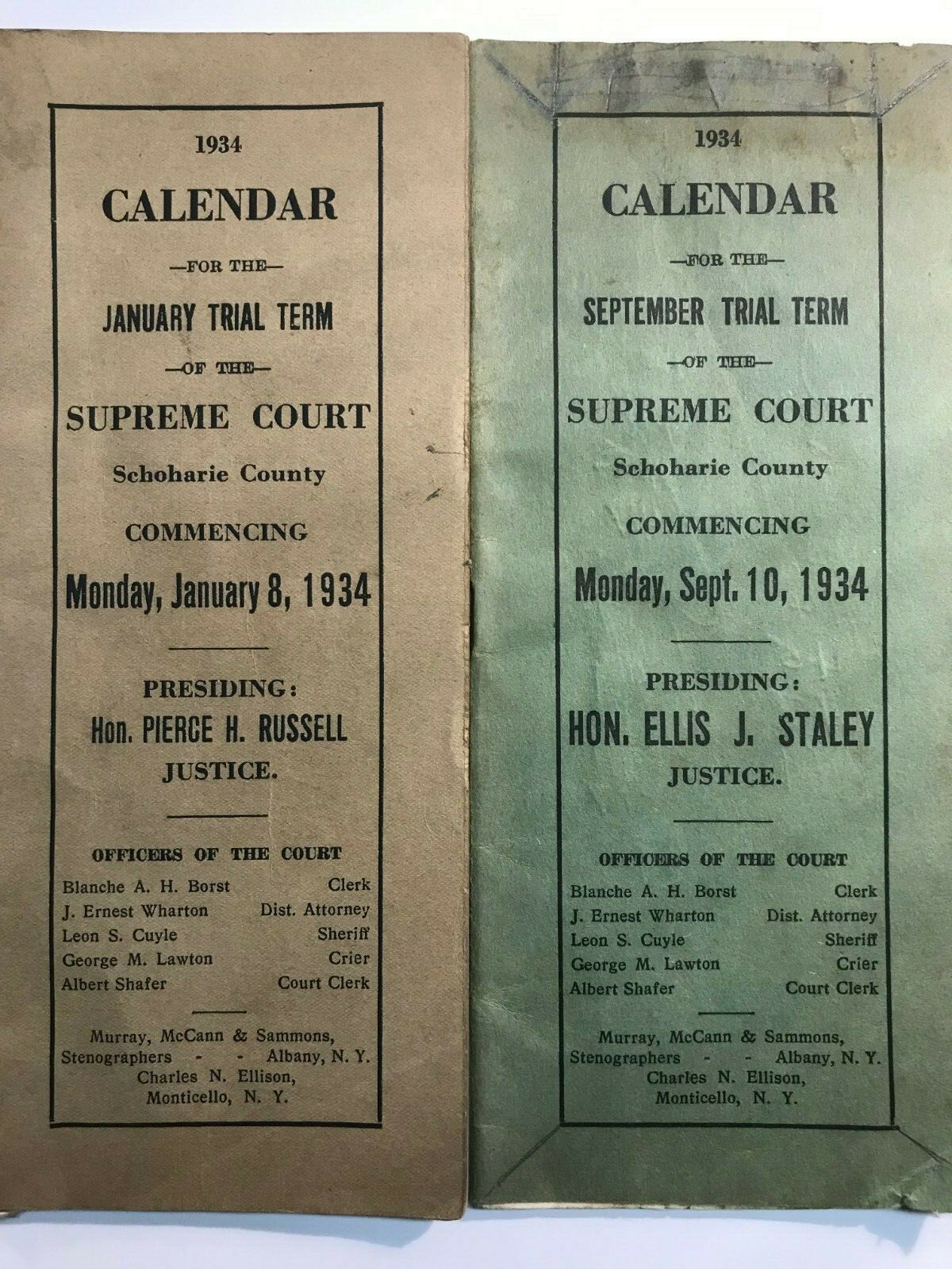 Schoharie County, N.Y. Supreme Court Calendar for 1934-1936: 4 Calendars total