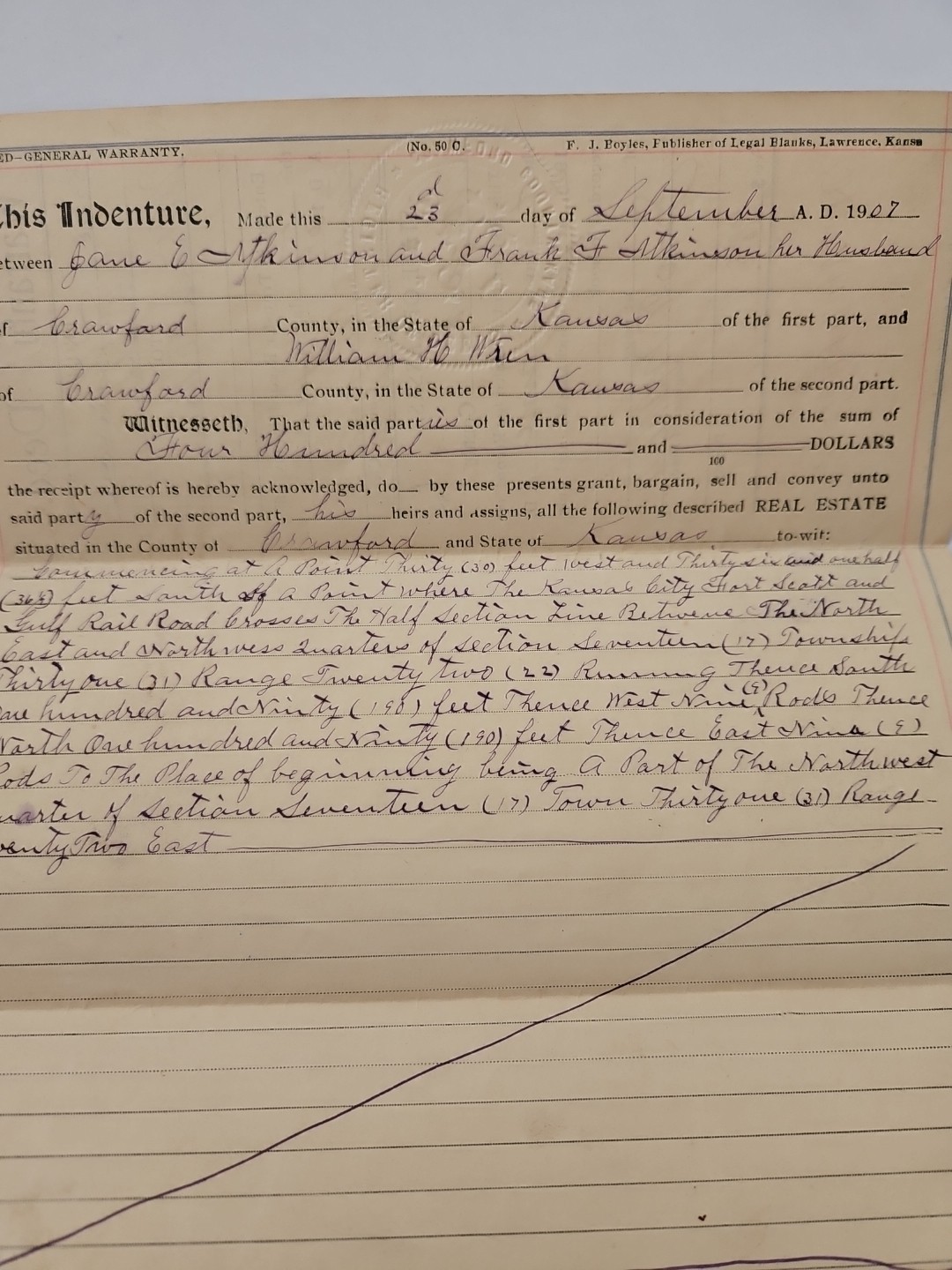 Original antique 1907 McCune KS Crawford County WARRANTY DEED Signed Atkinson