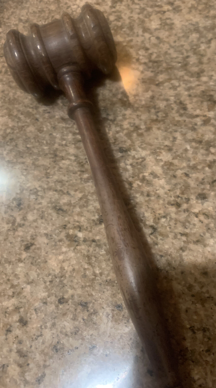 Vintage ornate turned wood gavel spindle 10” dark grained wooden rosewood? Judge