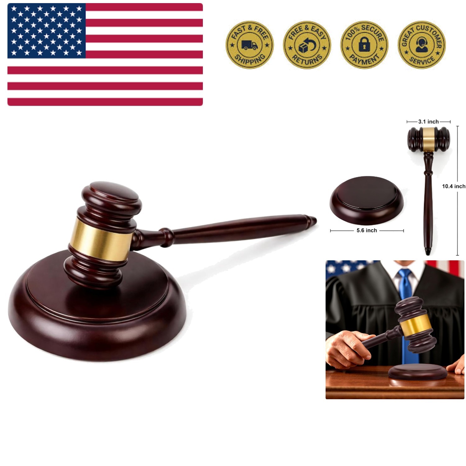 Wooden Gavel with Sound Block Set, Solid Wood Judge Gavel Set, Loud Clear Str…