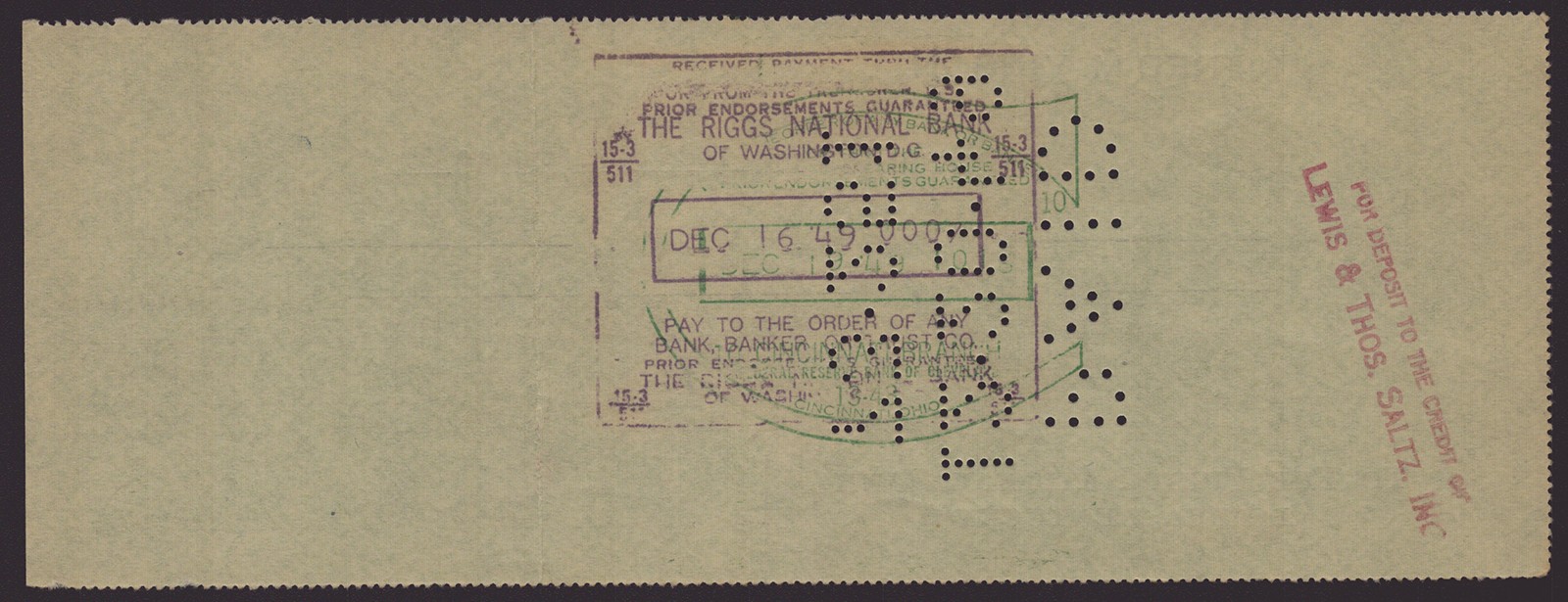 FRED M. VINSON – CHECK SIGNED 12/13/1949