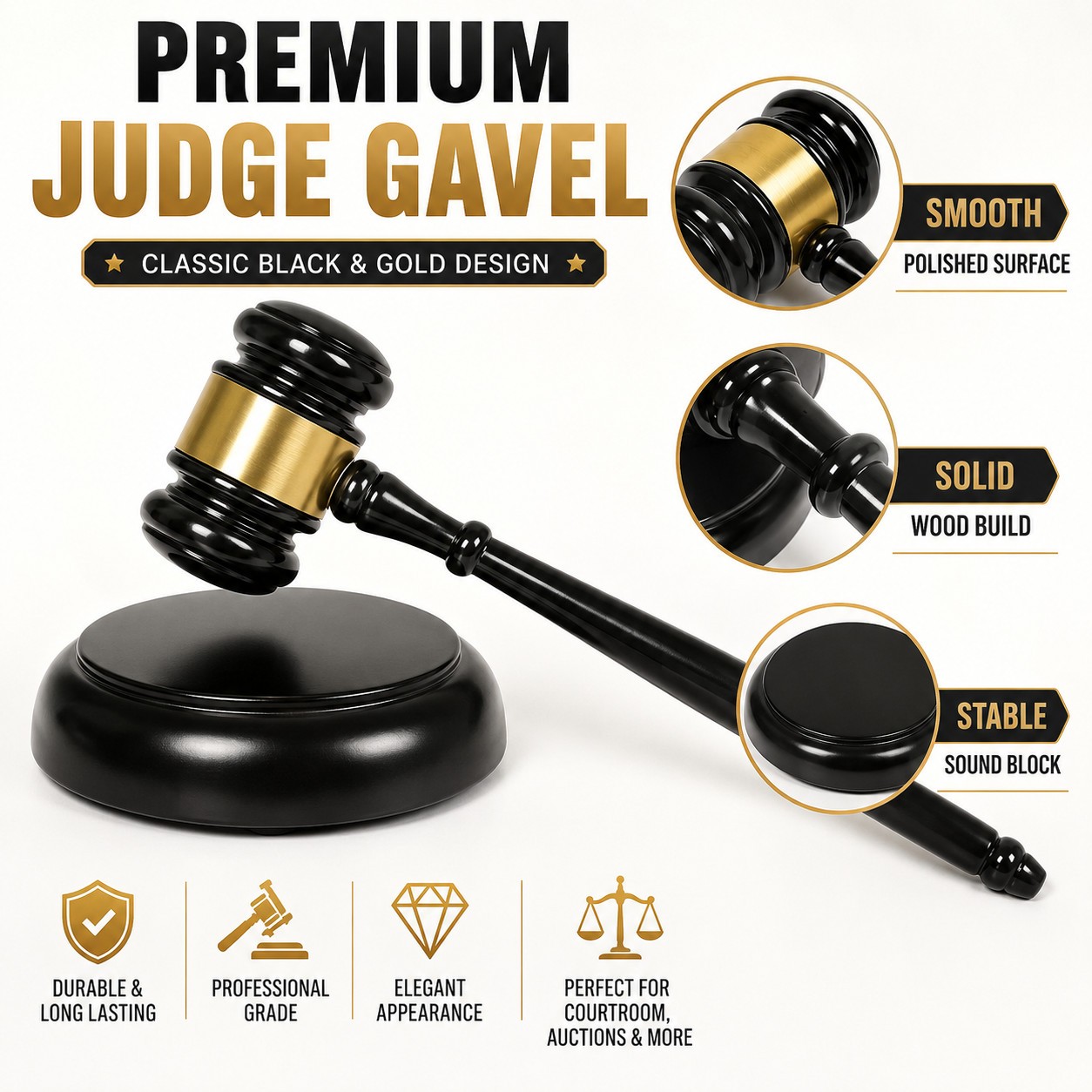 Solid Wood Courtroom Gavel and Block Set for Judge Auction Meeting Ceremony