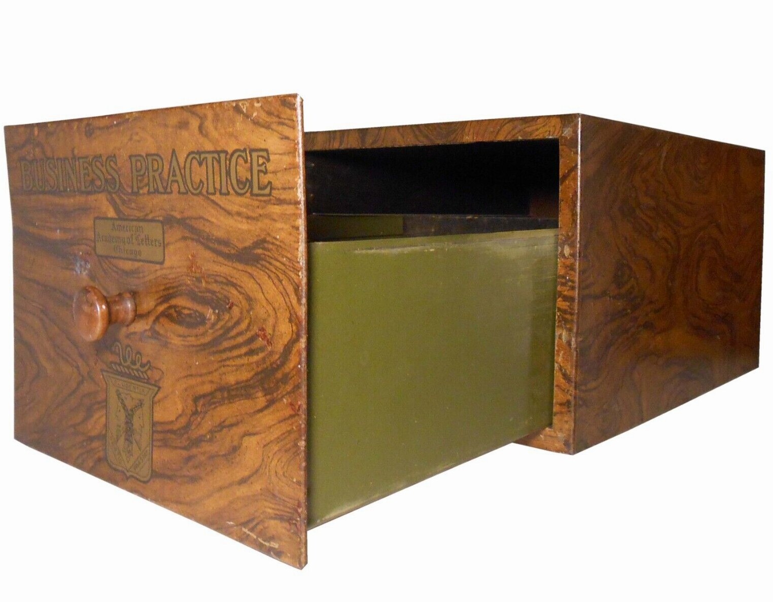 BUSINESS PRACTICE AMERICAN ACADEMY OF LETTERS CHICAGO TIN INDEX CARD BOX, W/LID