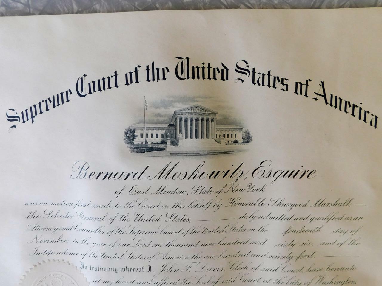 1966 Bar Admission Certificate to Supreme Court of The United States America USA