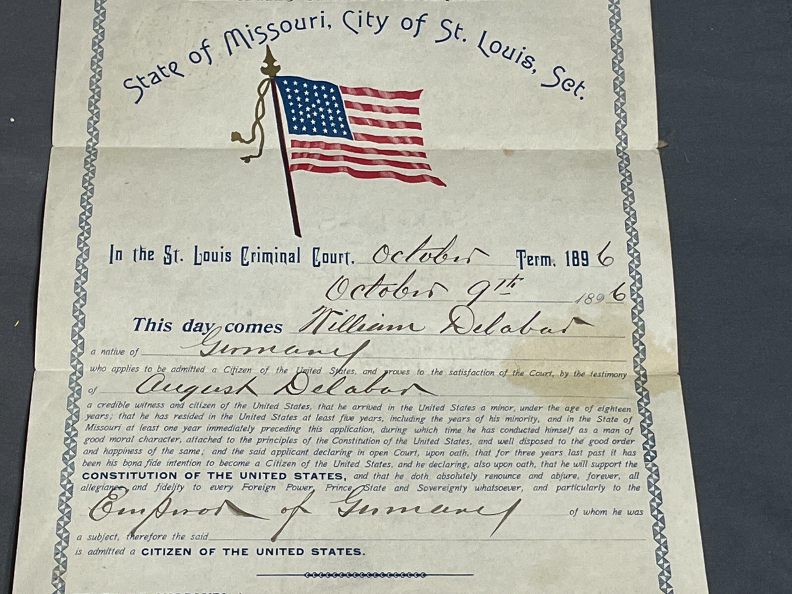 1896 Missouri UNITED STATES CITIZENSHIP Certificate Document German 44 Star Flag