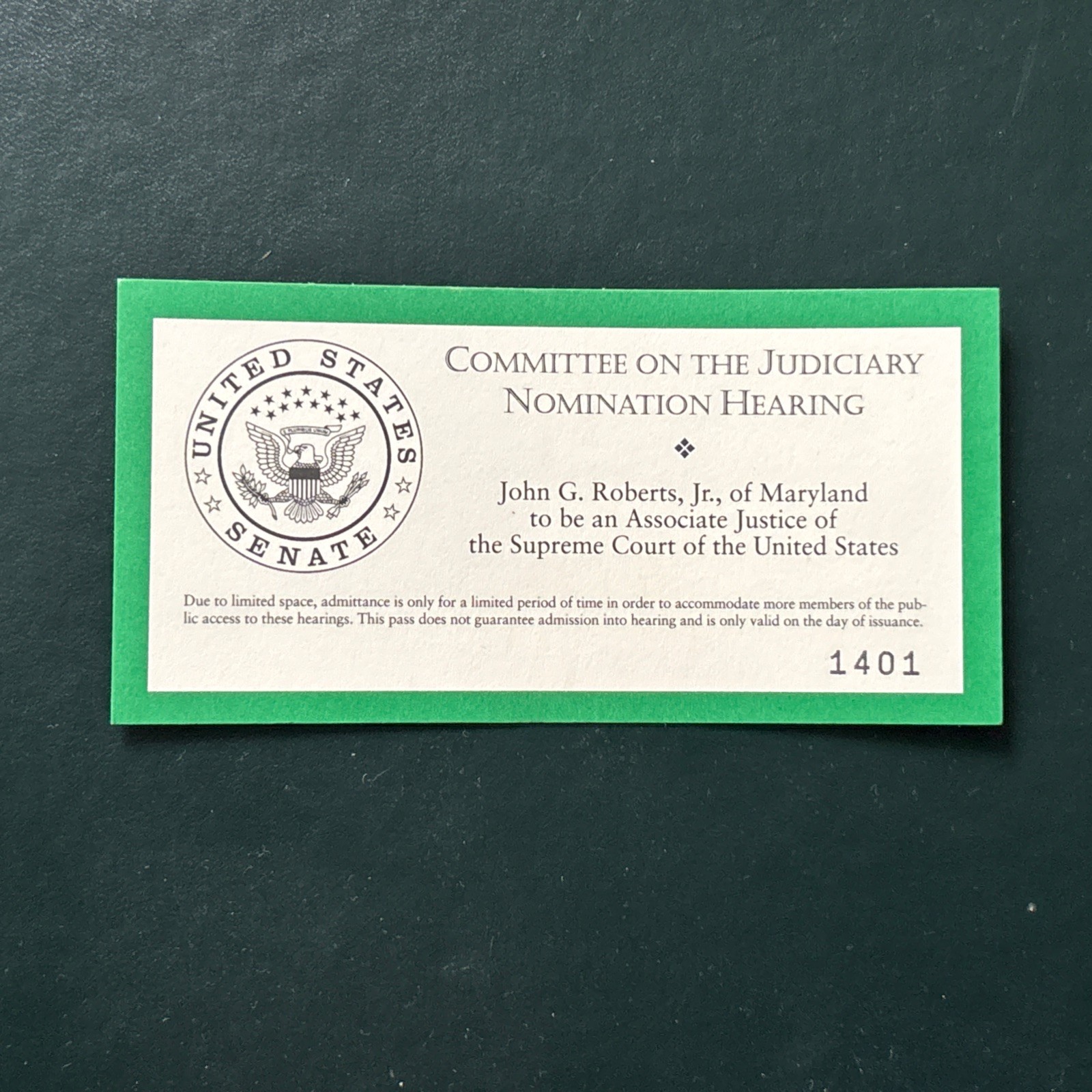 2005 Chief Justice John Roberts Supreme Court Senate Nomination Hearing Ticket