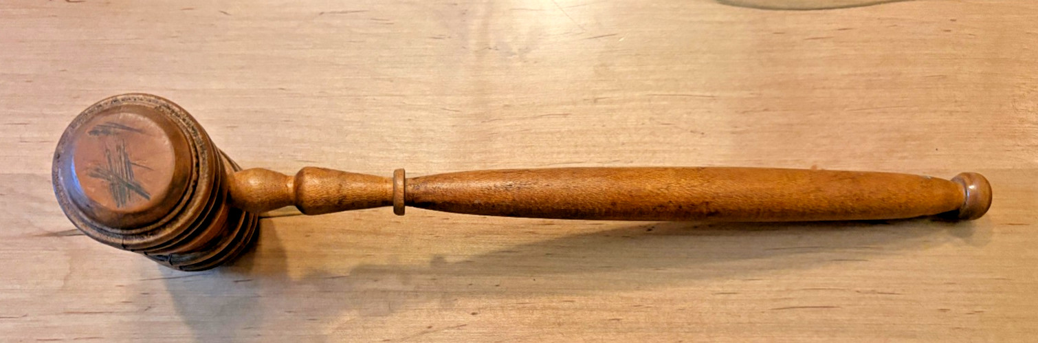 Vintage 12 Inch Wooden Gavel Auctioneer Mallet w/ Hole for Hanging on Wall
