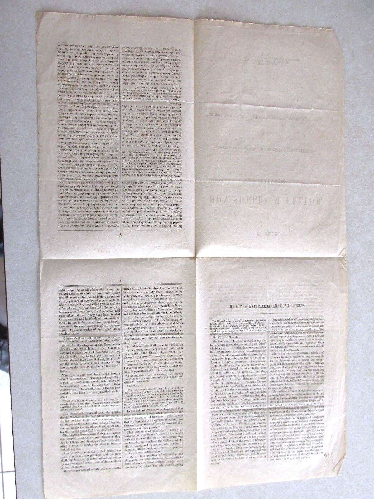 Antique 1868 Speech Cullom IL Illinois Rights of Naturalized American Citizens