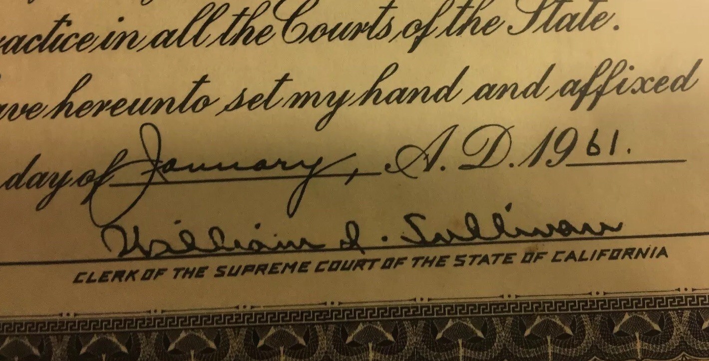Vintage State Of California Supreme Court Certificate , Comes In Original Frame