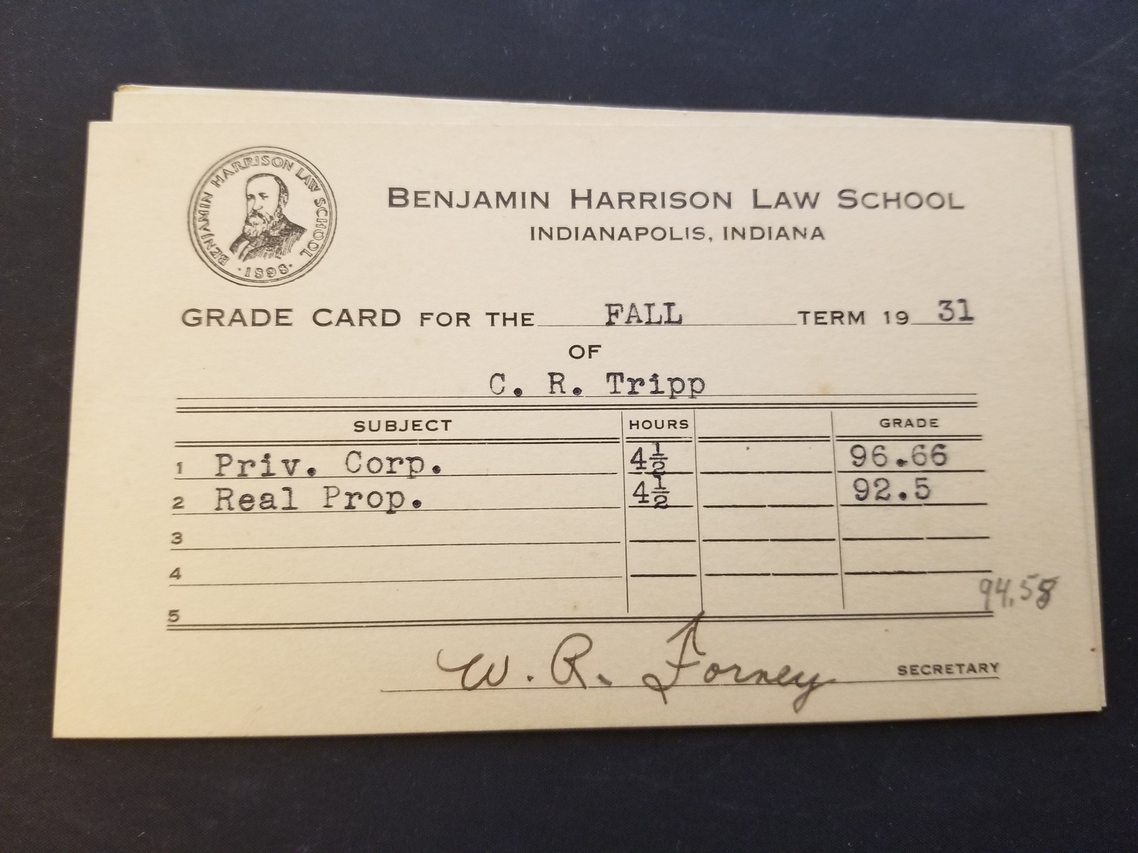 Lot Of 5 1930-1932 Benjamin Harrison Law School Grade Cards Charles R. Tripp