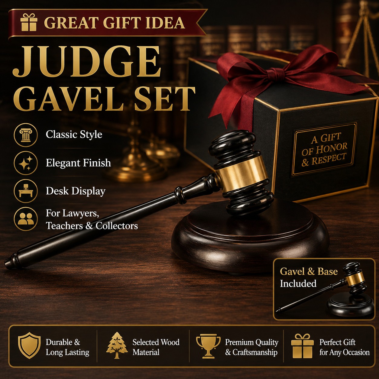 Wood Judge Gavel Mallet with Sound Block Base for Auction Courtroom Meetings