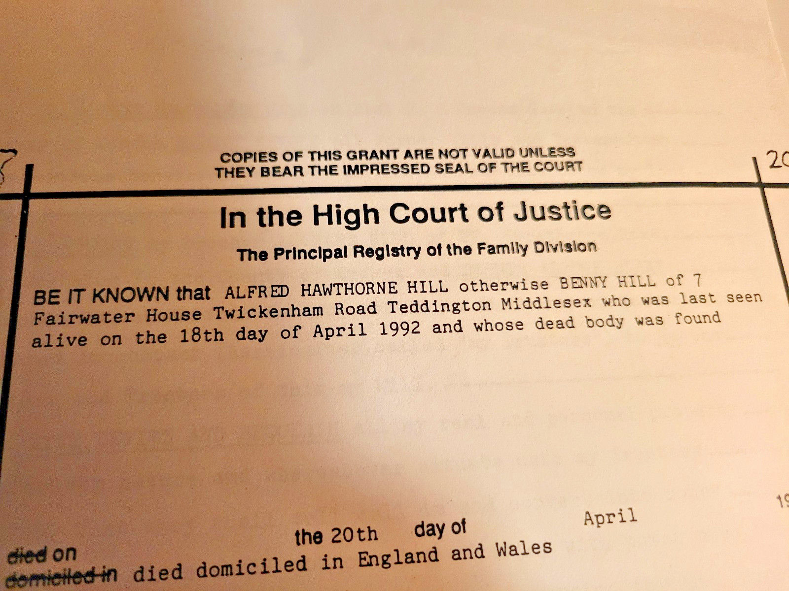 Benny Hill Last Will and Testament Copy April 20, 1992