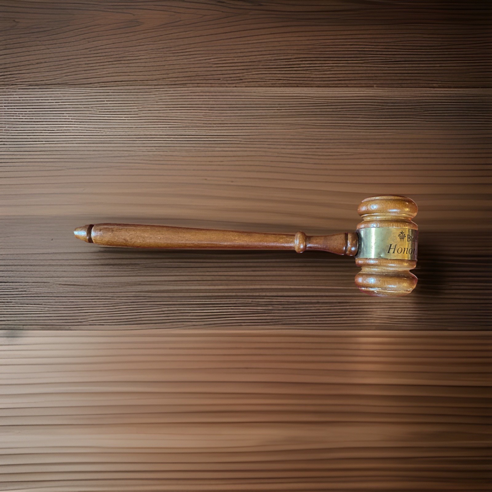 Vintage Turned Wood Gavel with Engraved Metal Band