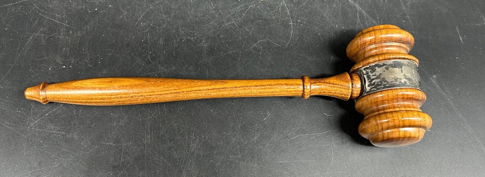 Vintage Turned Wood Gavel with Engraved Metal Band