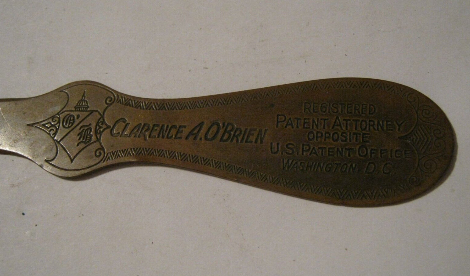 Bronze Letter Opener Clarence O’Brien, Patent Attorney Author, Active 1924-1943