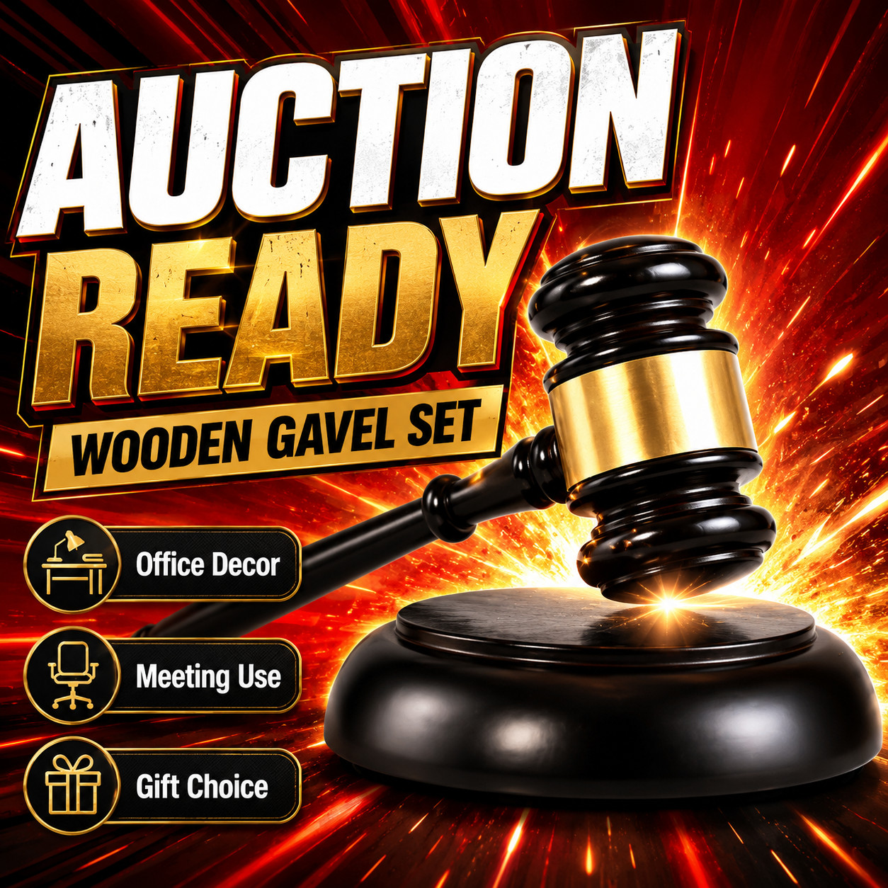 Wooden Gavel Set for Judge Auction Meeting Chair Office Decor Gift Black Base