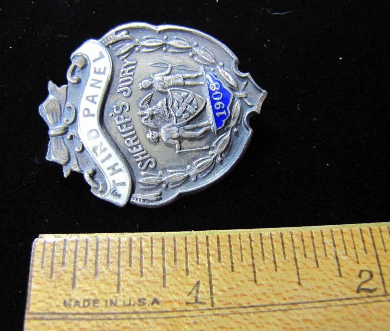 1908 SHERRIF’S JURY Sterling Silver White Blue Enamel Pinback Medallion Pin