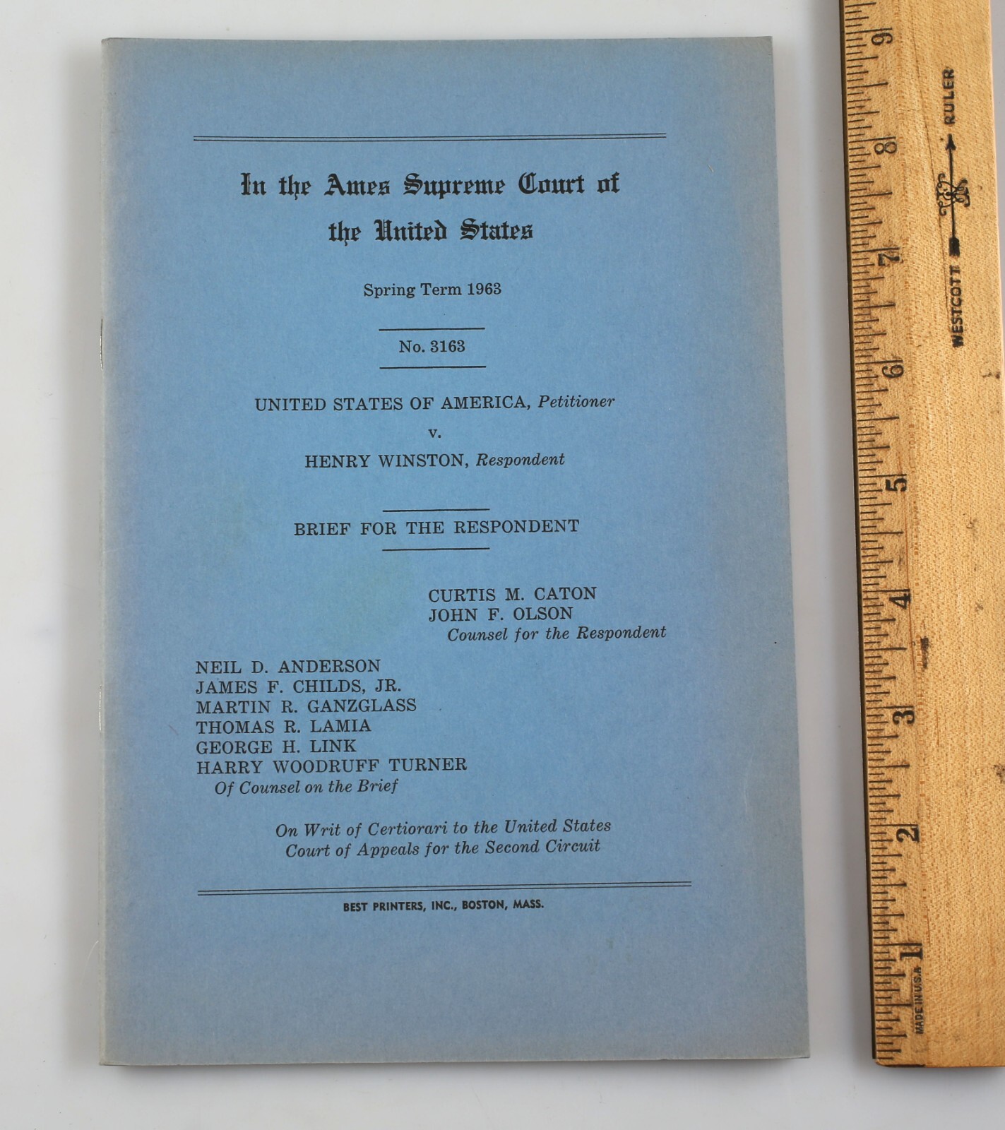 1963 Spring Term Supreme Court of Ames Booklet USA vs Henry Winston Case