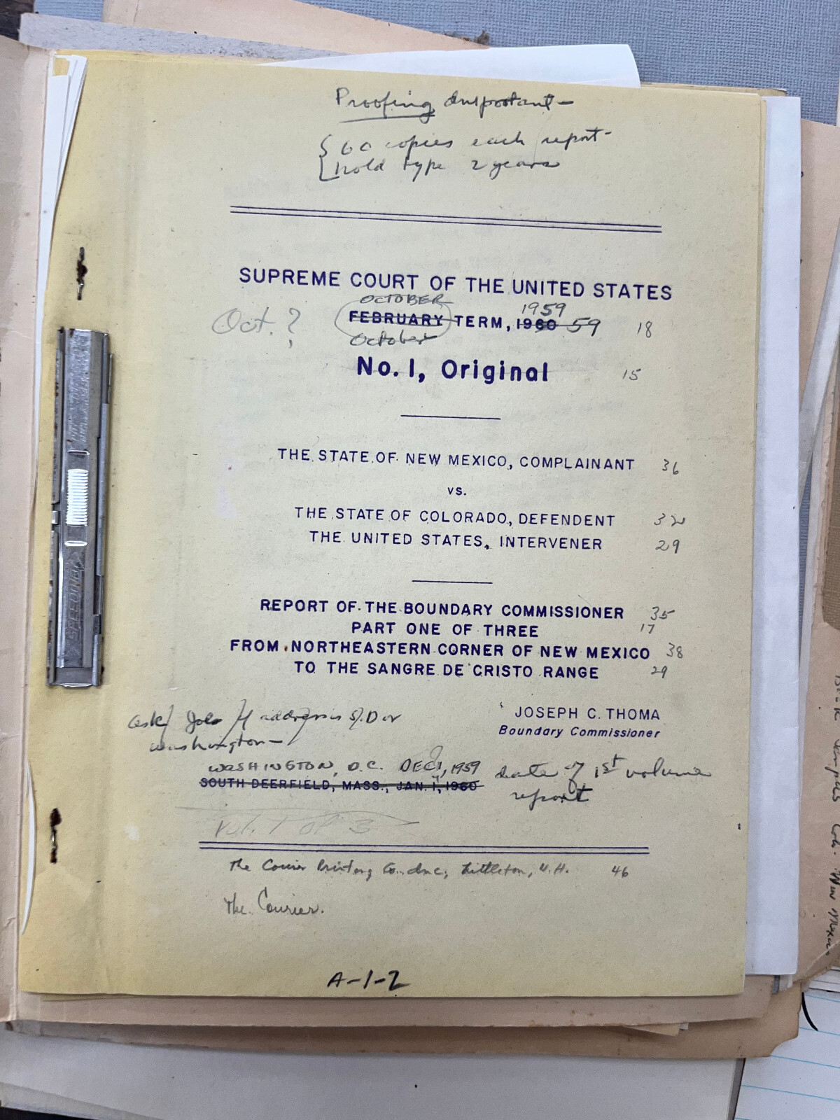 Colorado New Mexico Boundary Dispute Court case 1960 files eb-124