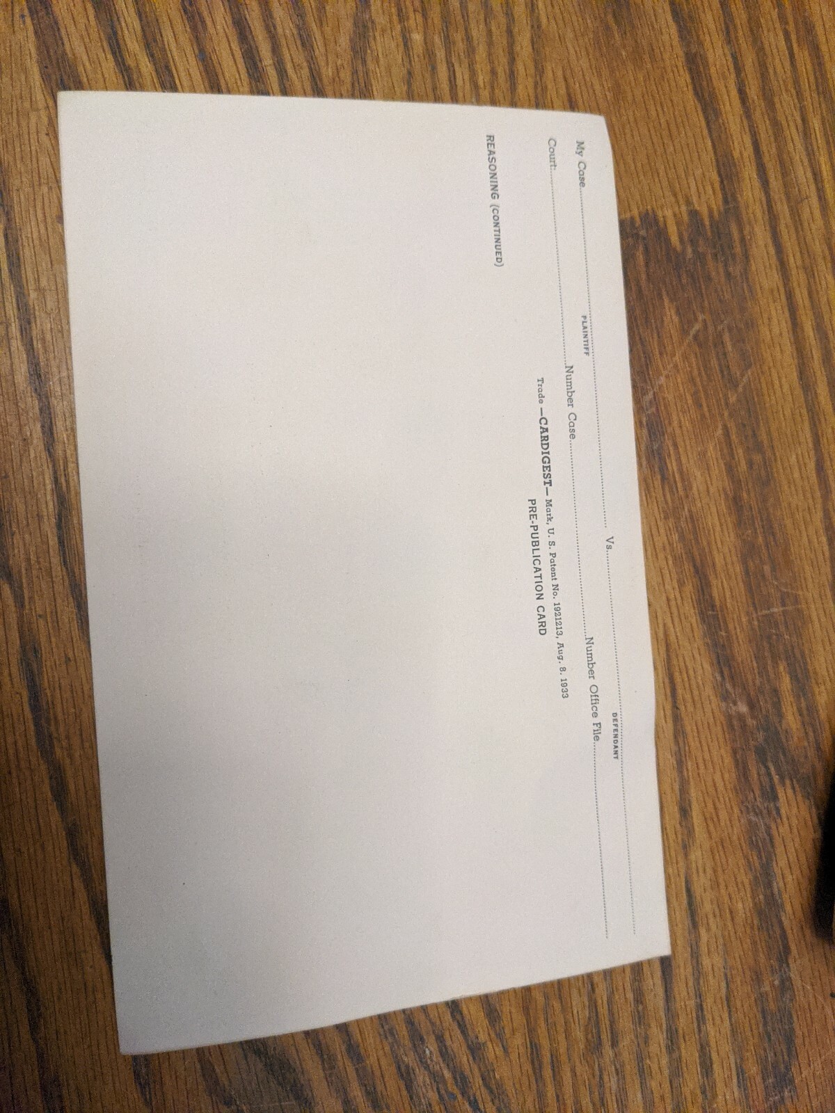 1933 BLANK CARDIGEST LAWYER COURT FILE SLIP CARD PLAINTIFF DEFENDANT QUESTION