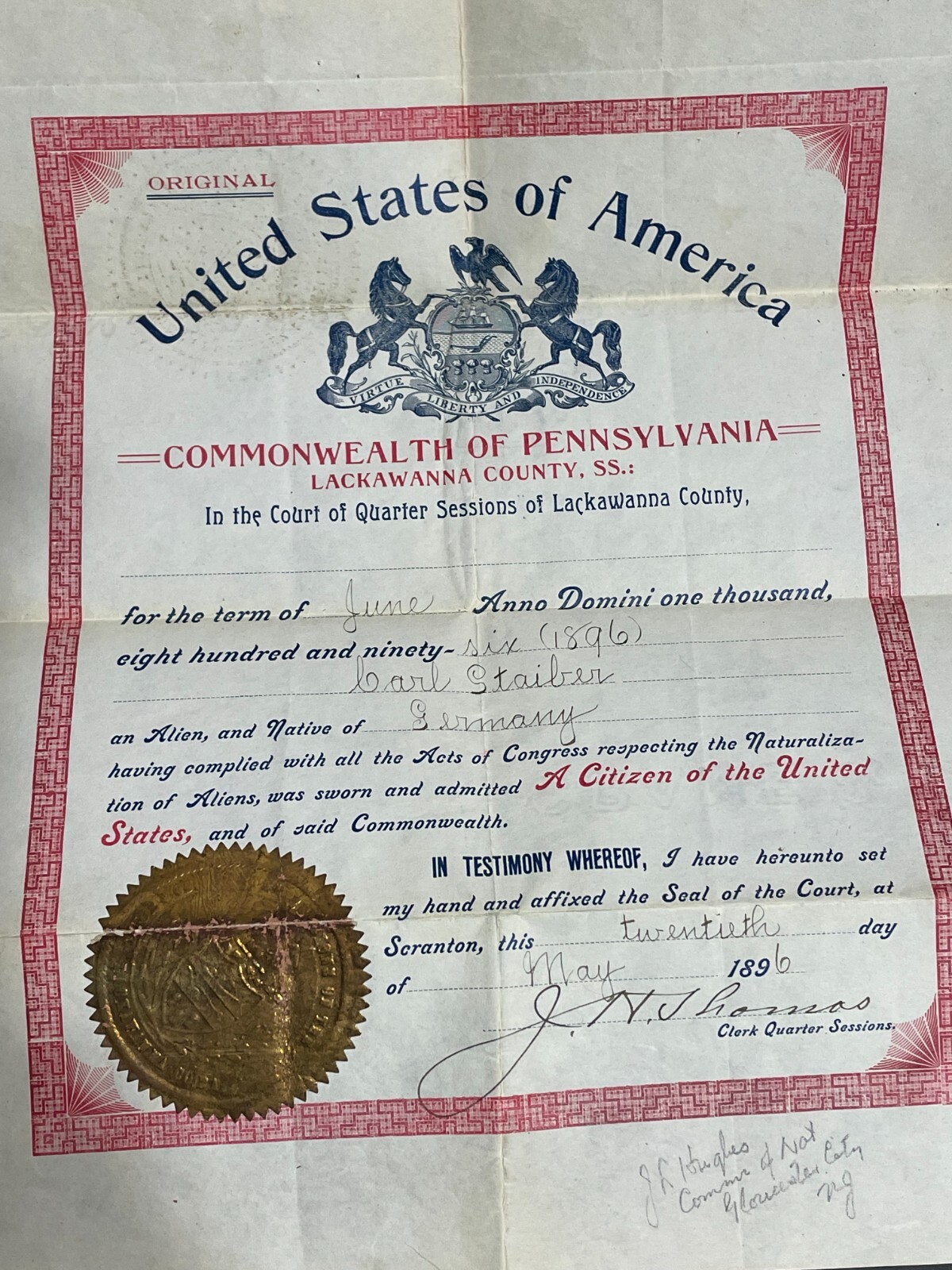 1896 Pennsylvania UNITED STATES CITIZENSHIP Certificate Document ORIGINAL German