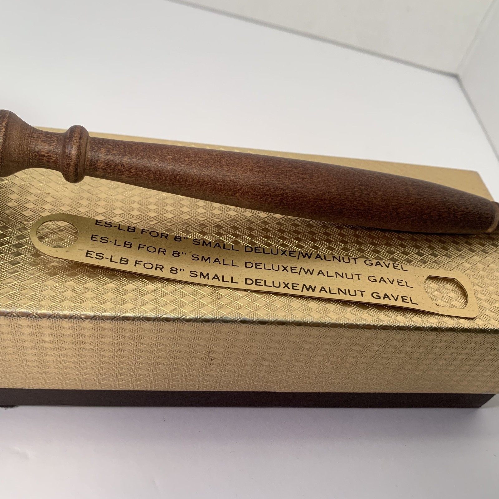 Vintage Solid Wooden Gavel Long Hand Turned Medium Brown Wood w brass ribbon