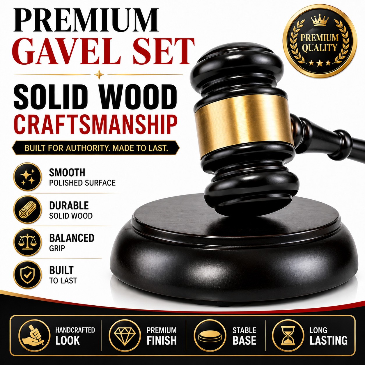 Solid Wood Gavel and Base Set, Black Gold Ceremonial Auction Meeting Hammer