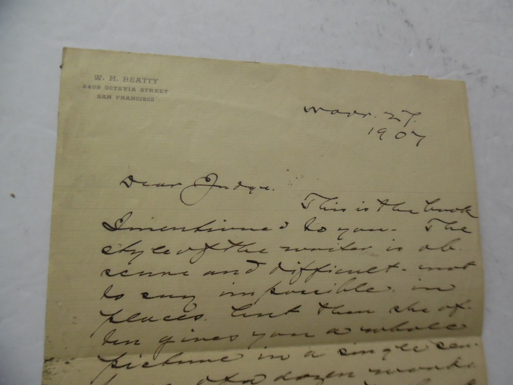 1907 William Henry Beatty Autograph Letter Signed Chief Justice California ALS