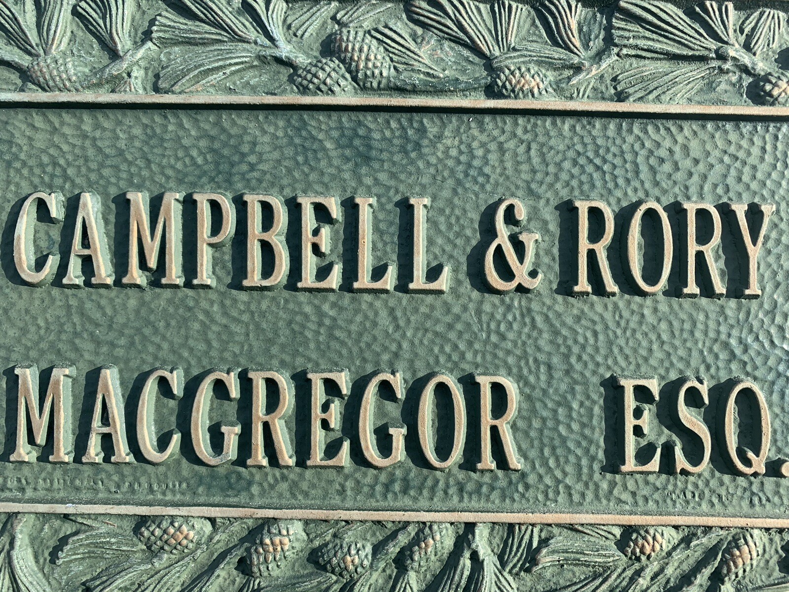 Vintage Green Metal Campbell Rory MacGregor ESQ Attorney Lawyer Wall Plaque Sign