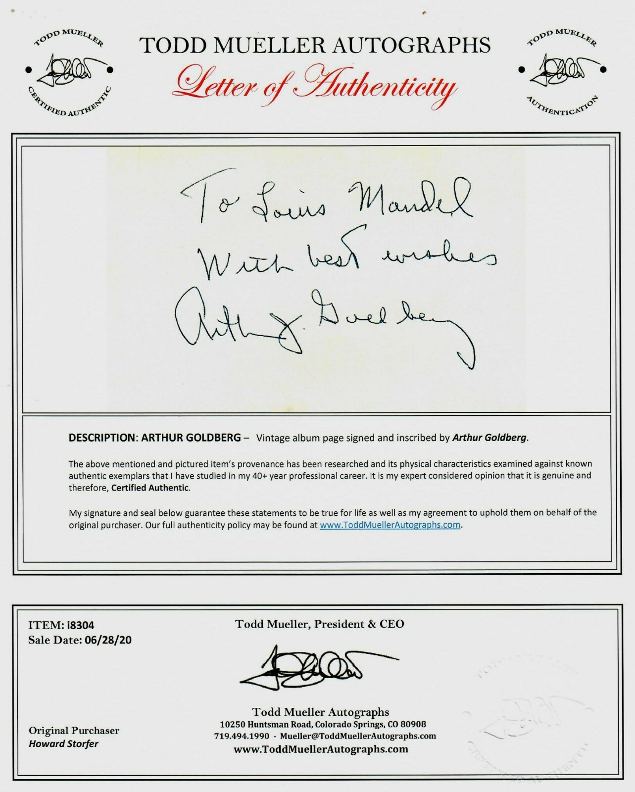 «Supreme Court Justice» Arthur Goldberg Signed Album Page COA